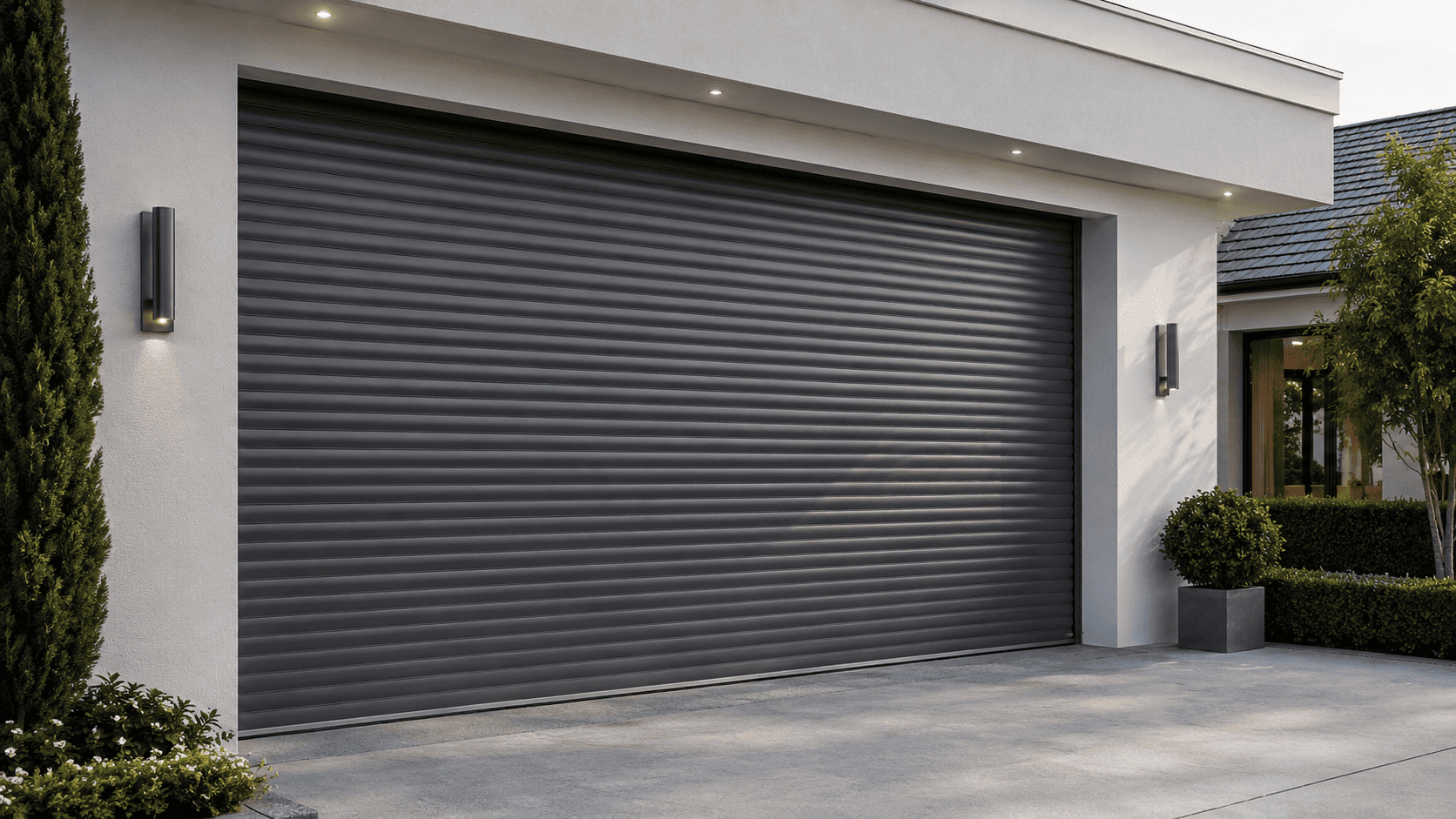 Freshly installed modern garage door — White House